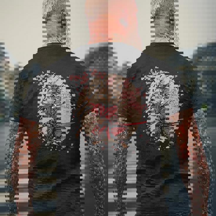 サムライキャット 日本戦士 サクラツリー 日本忍者 猫 メンズTシャツ バックプリント 高齢者への贈り物