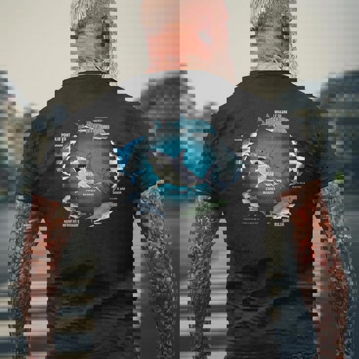 サメ6種 サメタイプ サメ 海の生き物 メガロドン サメ メンズTシャツ バックプリント 高齢者への贈り物