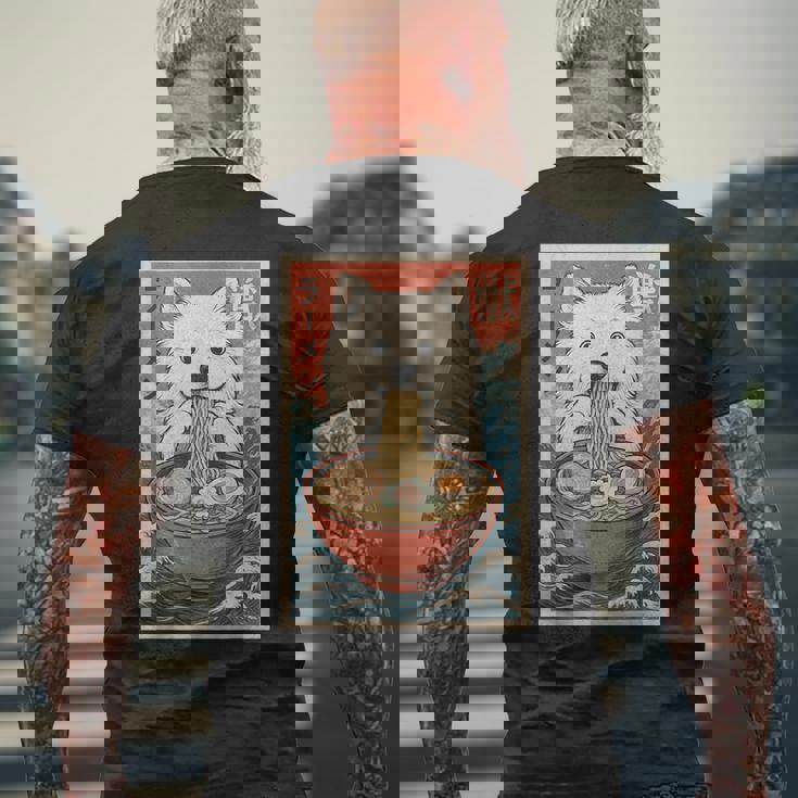 サモエド 食べる ラーメン カワイイ アニメ 犬好き メンズTシャツ バックプリント 高齢者への贈り物