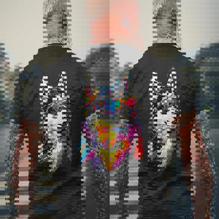 サングラスをかけたハスキー犬 私はシベリアンハスキーが大好きです。 メンズTシャツ バックプリント 高齢者への贈り物