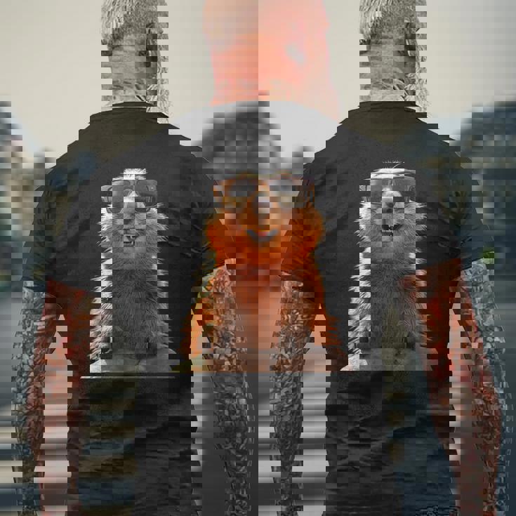 サングラスをかけたマーモット 齧歯類 地リス マーモット メンズTシャツ バックプリント 高齢者への贈り物