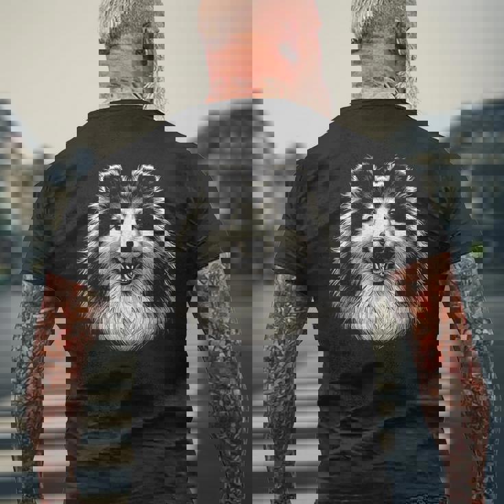 シェットランド・シープドッグ犬シェルティの顔のグラフィック アート デザイン メンズTシャツ バックプリント 高齢者への贈り物