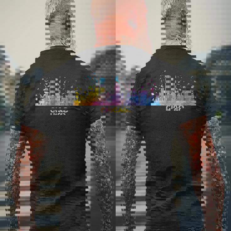 シカゴのスカイライン カラフル 街並み シカゴ メンズTシャツ バックプリント 高齢者への贈り物