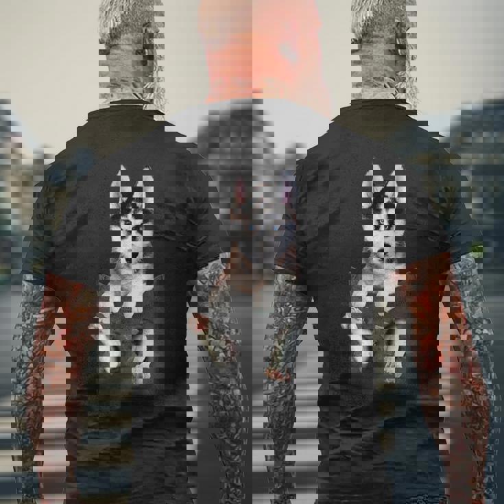 シベリアンハスキー ポケットの子犬 メンズTシャツ バックプリント 高齢者への贈り物