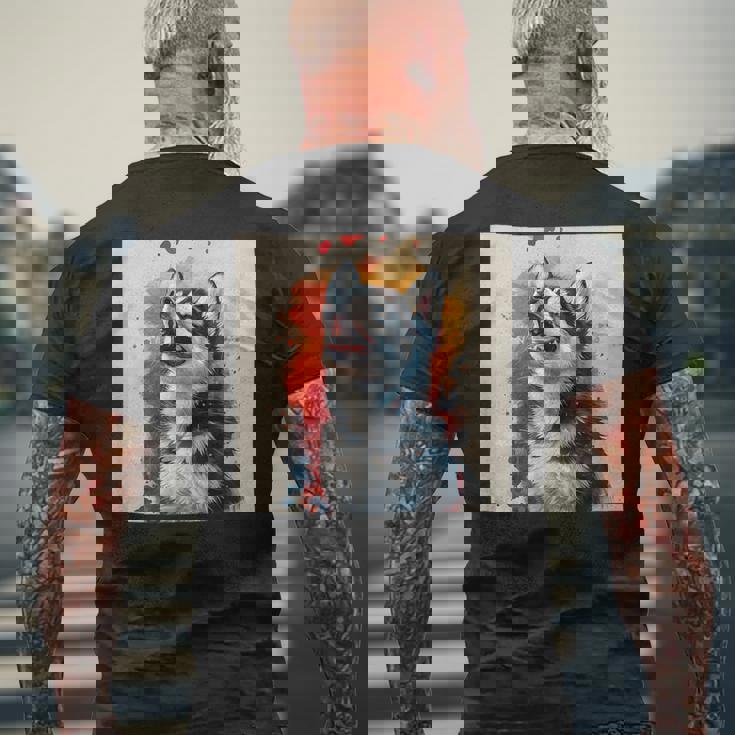 シベリアンハスキー子犬の笑いグラフィック。 メンズTシャツ バックプリント 高齢者への贈り物