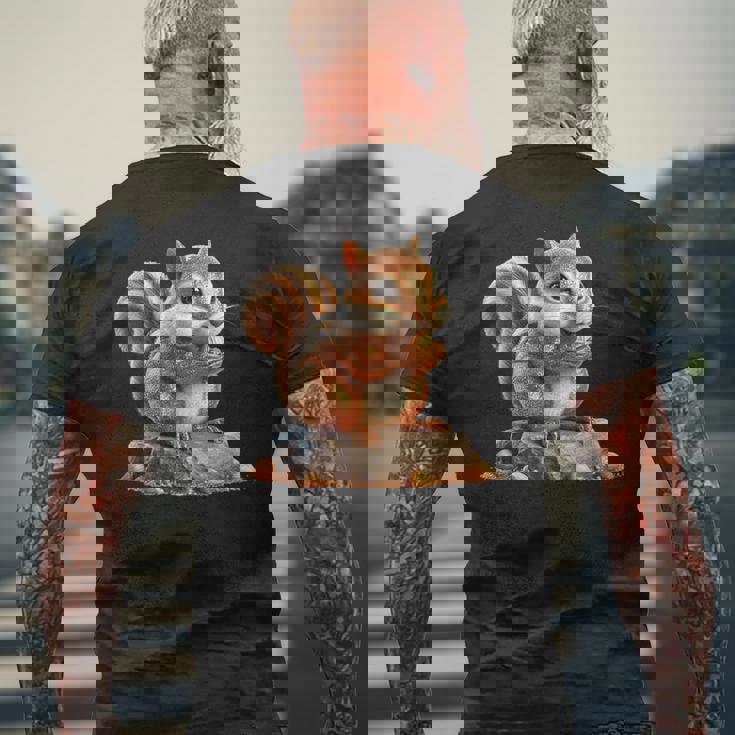 シマリス 森林 動物 木 リス 水彩 メンズTシャツ バックプリント 高齢者への贈り物