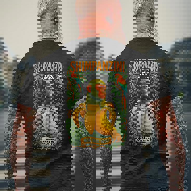 シンパンジーニ バナニーニ イタリアンブレイン チンパンジーとバナナ メンズTシャツ バックプリント 高齢者への贈り物