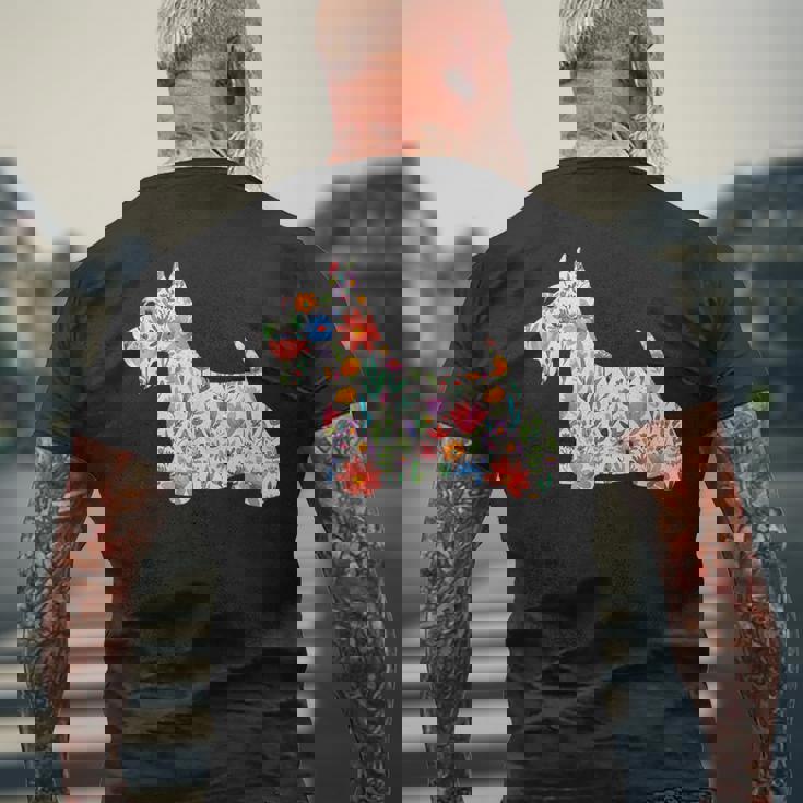 スコティッシュテリア水彩フラワーデザイン。 メンズTシャツ バックプリント 高齢者への贈り物