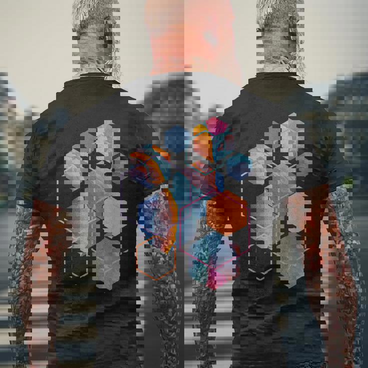 スタイリッシュ ティール オレンジ 六角形 モダン シェイプ マニア メンズTシャツ バックプリント 高齢者への贈り物