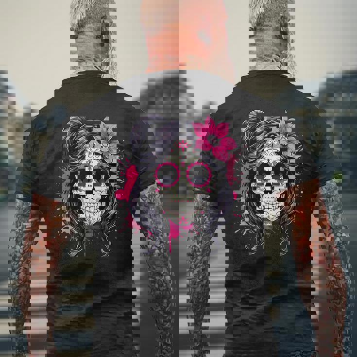 スタイリッシュなマゼンタ サクラ ムエルテ スカルデザイン Dia De Los Muertos メンズTシャツ バックプリント 高齢者への贈り物