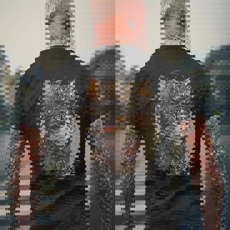 スチームパンク 猫 キティ 子猫 スチームパンク メンズTシャツ バックプリント 高齢者への贈り物