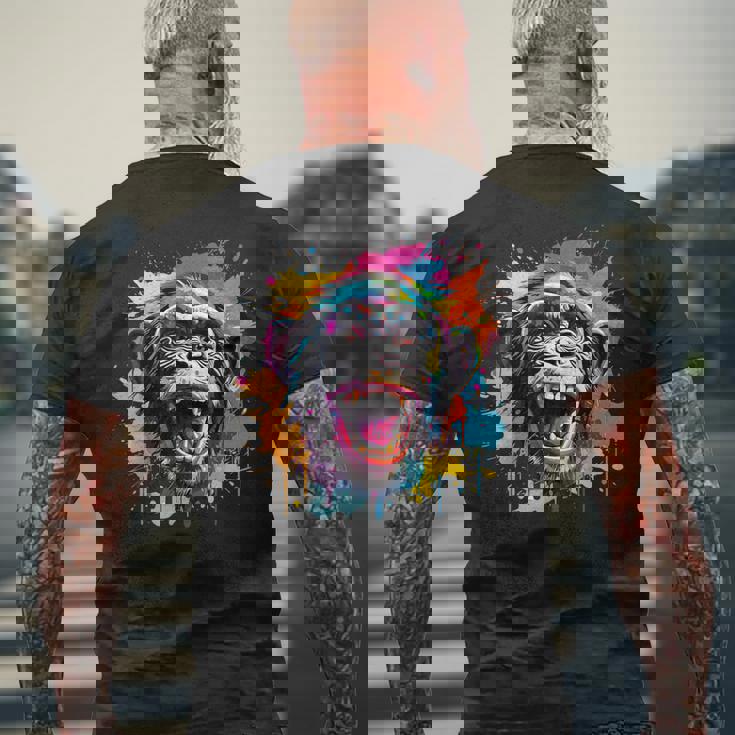 スプラッシュアート チンパンジー 野生動物 動物 好き カラフル メンズTシャツ バックプリント 高齢者への贈り物