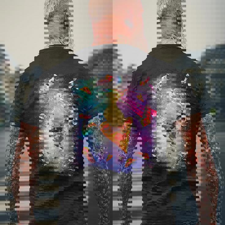 スペースレーザーアヒル食べるピザ、ギャラクシーダック。 メンズTシャツ バックプリント 高齢者への贈り物