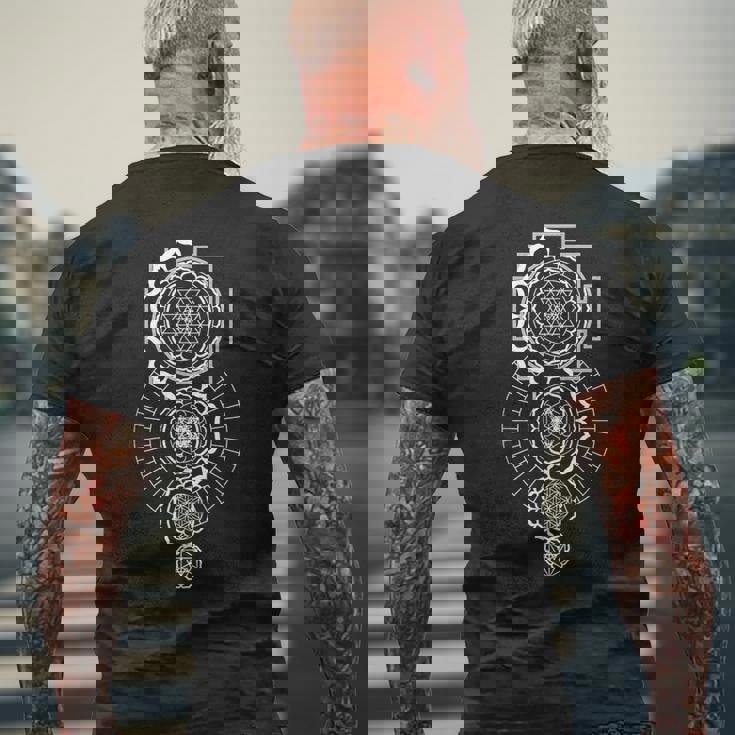 スリ・ヤントラ メタトロンのキューブ 生命の花 メルカバ 聖なる メンズTシャツ バックプリント 高齢者への贈り物