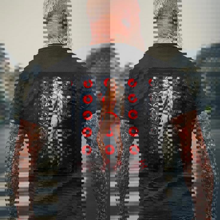 セクシーガールグラフィックtシャツ 赤いビキニを着たブロンドゴーゴーダンサー メンズTシャツ バックプリント 高齢者への贈り物