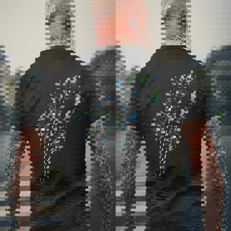 タンポポ セキセイインコの花、花セキセイインコの木 メンズTシャツ バックプリント 高齢者への贈り物