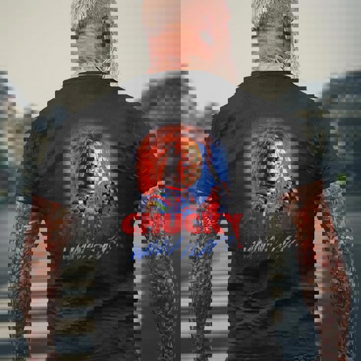 チャッキー・ワナ・プレイ・ブラッディ・ナイフ メンズTシャツ バックプリント 高齢者への贈り物