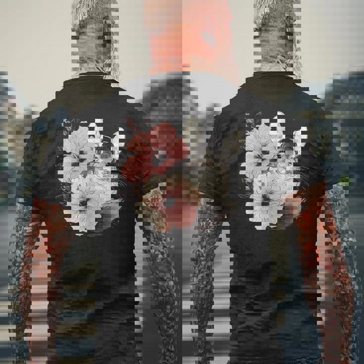 チンチラ ハイビスカス ブルーム ハーモニー フローラル チンチララバーズ メンズTシャツ バックプリント 高齢者への贈り物