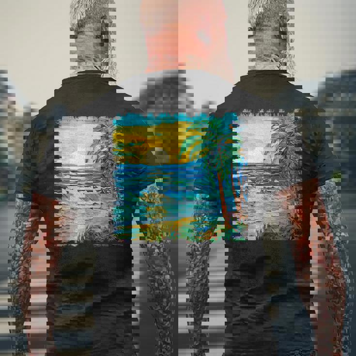トロピカルビーチ 太陽 オーシャン ヤシの木 ゴッホスタイル アートデザイン メンズTシャツ バックプリント 高齢者への贈り物