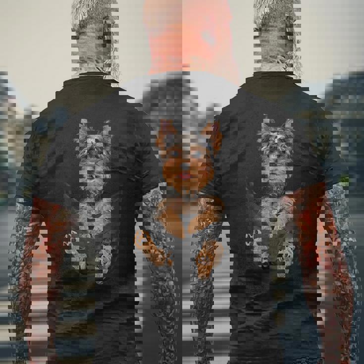 ドッグラバーズギフト ヨークシャーテリア ポケット入り 面白い犬の顔 メンズTシャツ バックプリント 高齢者への贈り物