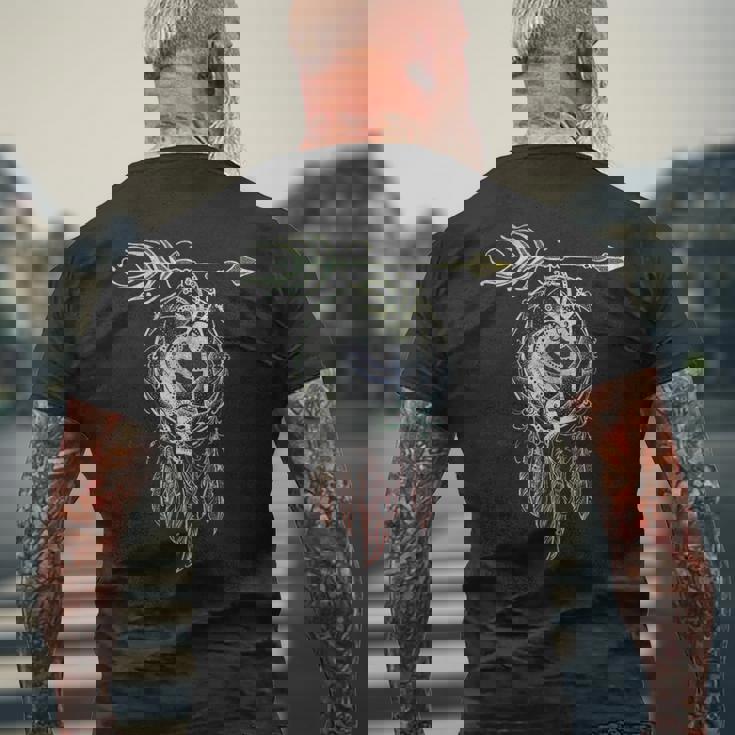 ネイティブアメリカンフィリグリー ココペリ ドリームキャッチャー 3 ファンファン ファン メンズTシャツ バックプリント 高齢者への贈り物