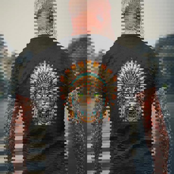 ネイティブインディアン 猫 子猫 ネイティブアメリカン インディアンフェザー メンズTシャツ バックプリント 高齢者への贈り物