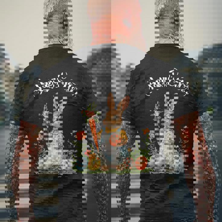 ハッピーイースターバニーニンジンイースターエッグ イースターラビットアートワーク メンズTシャツ バックプリント 高齢者への贈り物