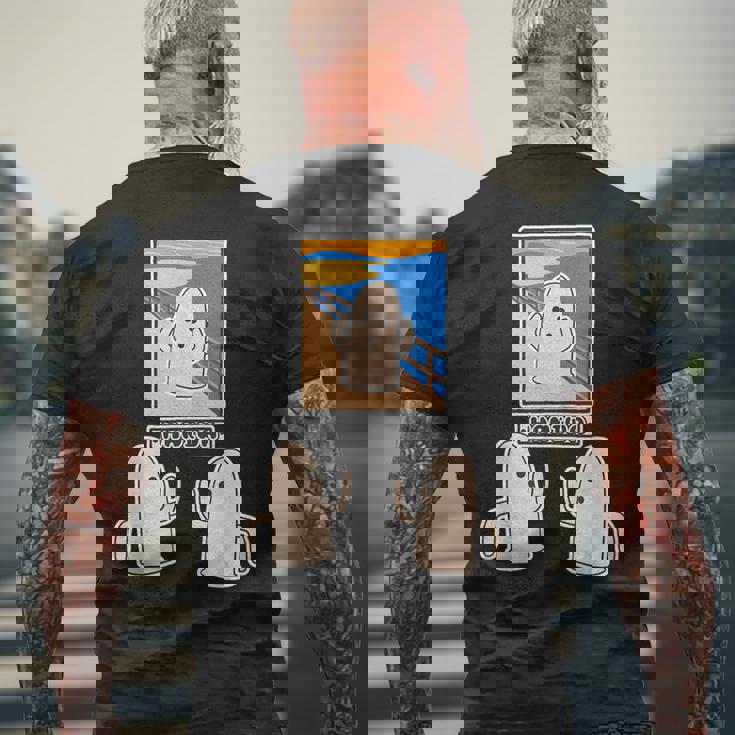 ハニワくん の ムンクの叫び と 見つめる 埴輪【ゆるフレンズ】名画 パロディ キャラクター かわいい イラスト 面白い メンズTシャツ バックプリント 高齢者への贈り物