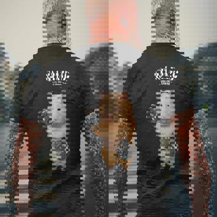 ハムスター 筋トレ ダンベル付き フィットネスジム メンズTシャツ バックプリント 高齢者への贈り物