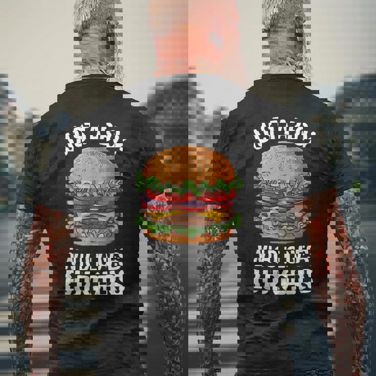 ハンバーガーが大好きな少年 おもしろハンバーガー好き メンズTシャツ バックプリント 高齢者への贈り物