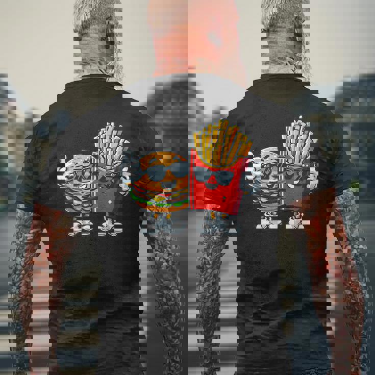 ハンバーガーフライドポテトファーストフード愛好家アート 面白いユーモアコンボプリント メンズTシャツ バックプリント 高齢者への贈り物