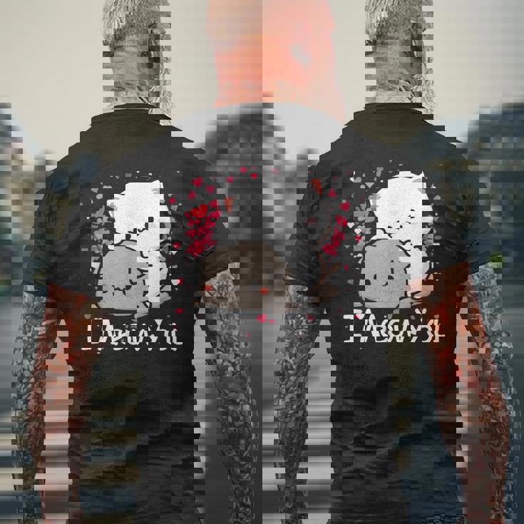 ハート バレンタイン ピーチゴマ 猫 カップル I Meow You メンズTシャツ バックプリント 高齢者への贈り物