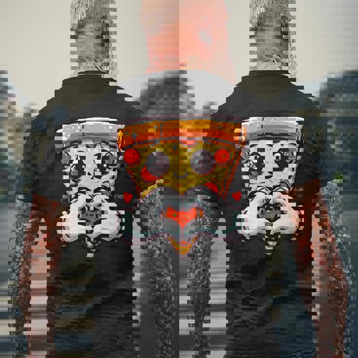 ハートの手でペパロニピザのスライス、かわいいピザ メンズTシャツ バックプリント 高齢者への贈り物