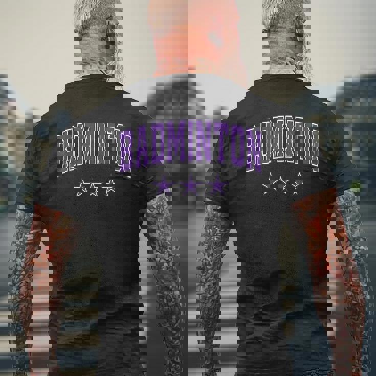 バドミントン オールパープル スター クラシック レトロ 代表チームのテキスト メンズTシャツ バックプリント 高齢者への贈り物