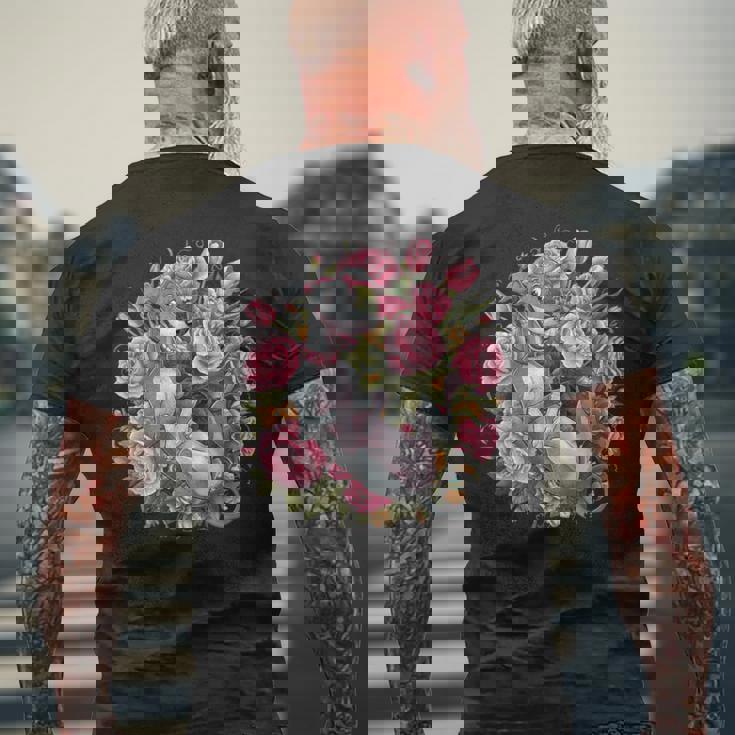 バラとチューリップを持つイタリアン・グレーハウンド犬 メンズTシャツ バックプリント 高齢者への贈り物