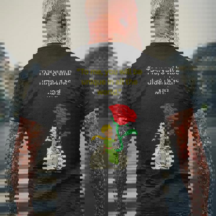 バラの言葉が入った星の王子様 メンズTシャツ バックプリント 高齢者への贈り物