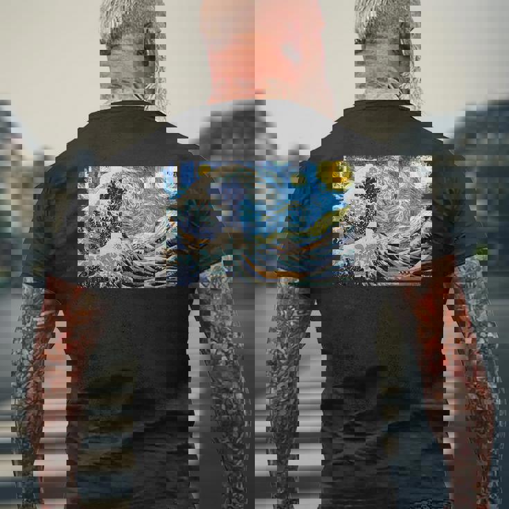 バンゴッホの星空と北斎の富嶽三十六景波絵の融合 メンズTシャツ バックプリント 高齢者への贈り物