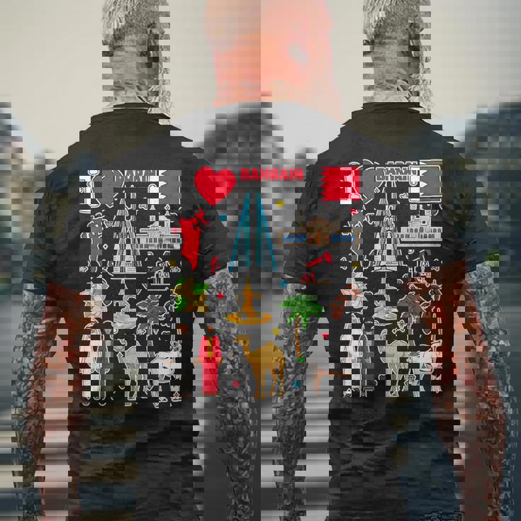 バーレーンの手描きシンボル、バーレーンの地図、文化的アイコン メンズTシャツ バックプリント 高齢者への贈り物