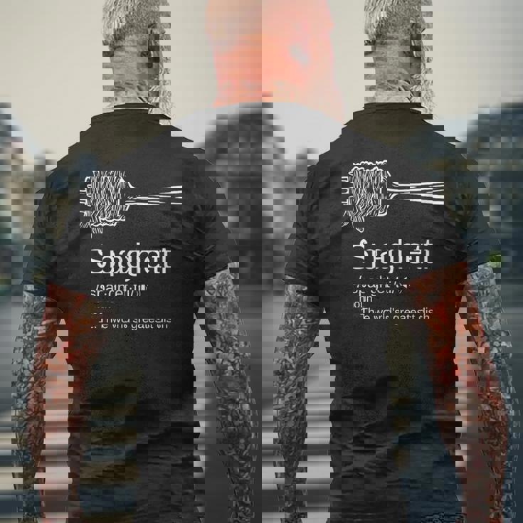 パスタ好きを意味する面白いスパゲッティ。 メンズTシャツ バックプリント 高齢者への贈り物