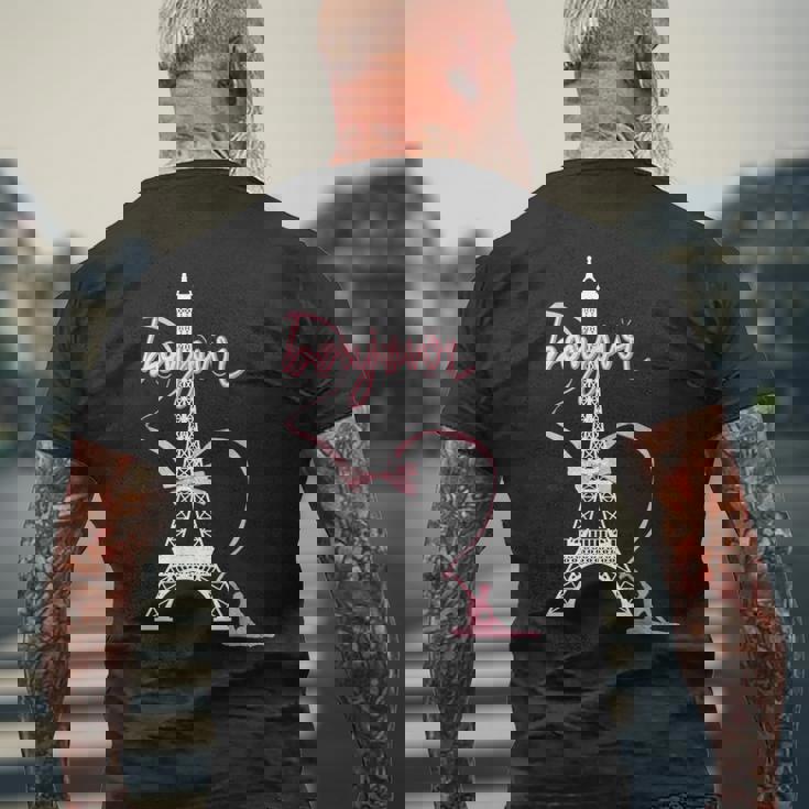 パリフランス エッフェル塔 ボンジュール 体操リボンとリボン メンズTシャツ バックプリント 高齢者への贈り物