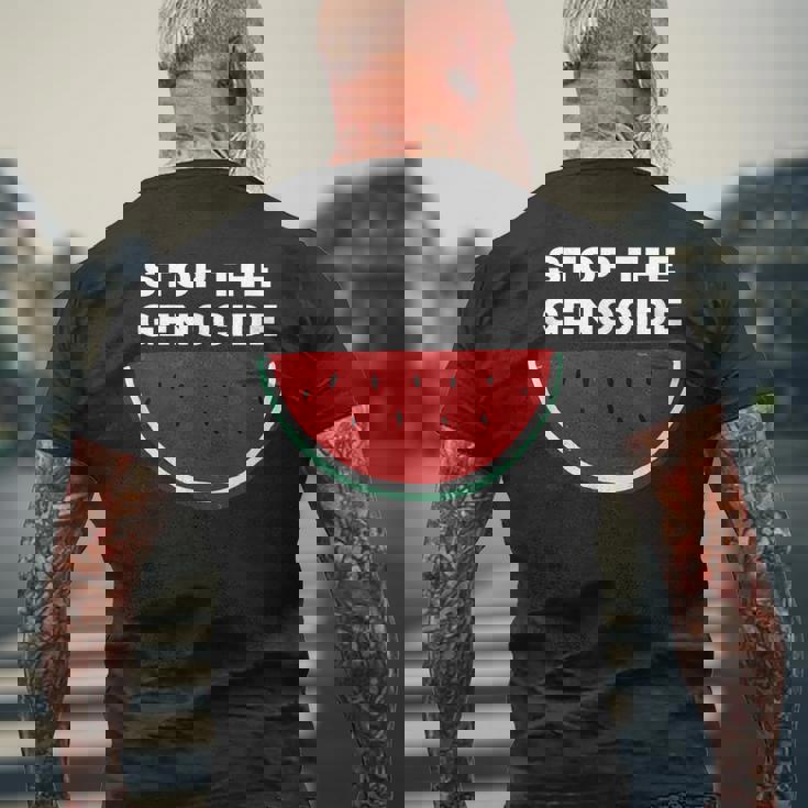 パレスチナスイカ ジェノサイドを止める メンズTシャツ バックプリント 高齢者への贈り物