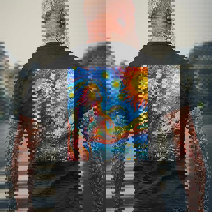 ヒヒ猿 星月夜 絵画 メンズTシャツ バックプリント 高齢者への贈り物