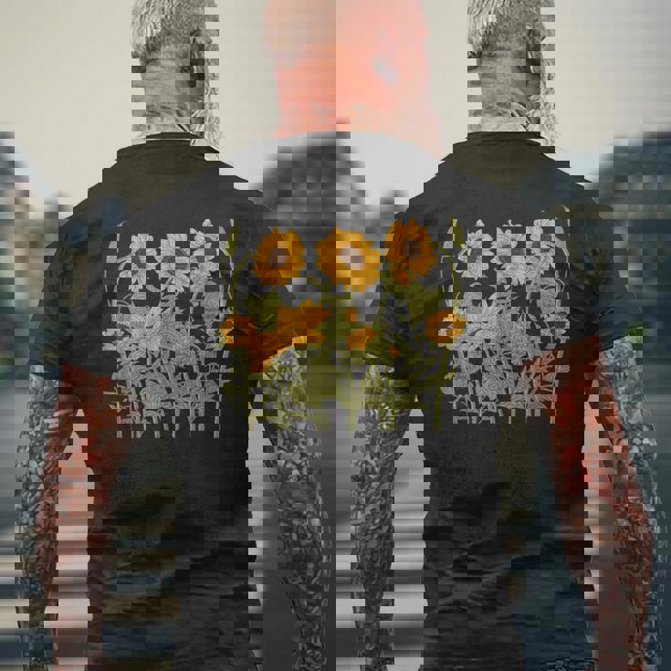 ヒマワリ 野花 ヴィンテージ ボタニカル 植物 ガーデニング メンズTシャツ バックプリント 高齢者への贈り物