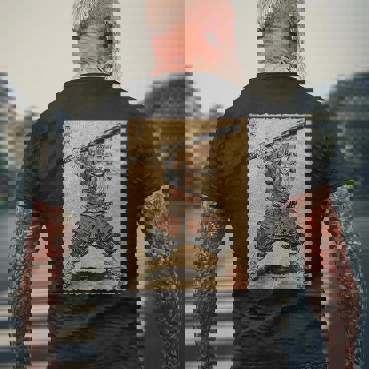 ビンテージアニメ 日本美術 野球選手の侍猫 長袖tシャツ メンズTシャツ バックプリント 高齢者への贈り物