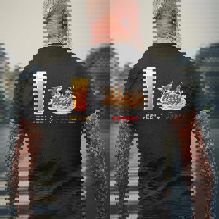 ビールとぎょうざとねこ ビール 餃子 猫 メンズTシャツ バックプリント 高齢者への贈り物