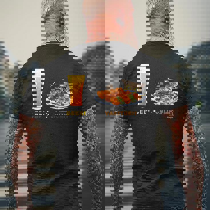 ビールとやきとりとねこ ビール 焼き鳥 猫 メンズTシャツ バックプリント 高齢者への贈り物