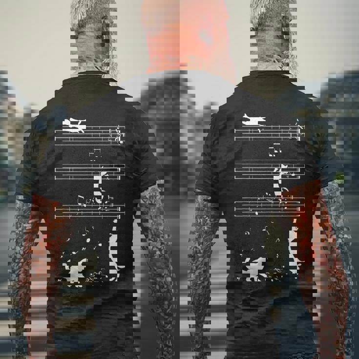 ピアノ音符 遊び心のある猫 メンズTシャツ バックプリント 高齢者への贈り物