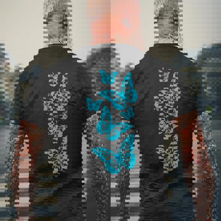 ファンタジー エレガント 蝶 ブルー ブラック シェイプ マニア メンズTシャツ バックプリント 高齢者への贈り物