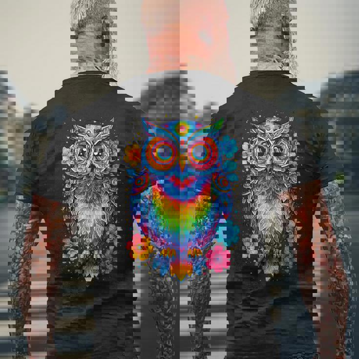 フクロウと花 カラフルなアートワーク フクロウの恋人 メンズTシャツ バックプリント 高齢者への贈り物