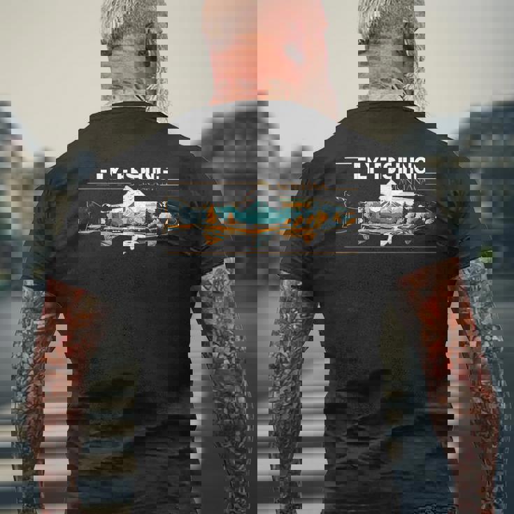 フライフィッシング モンタナ レトロ 風景 トラウト シルエット メンズTシャツ バックプリント 高齢者への贈り物